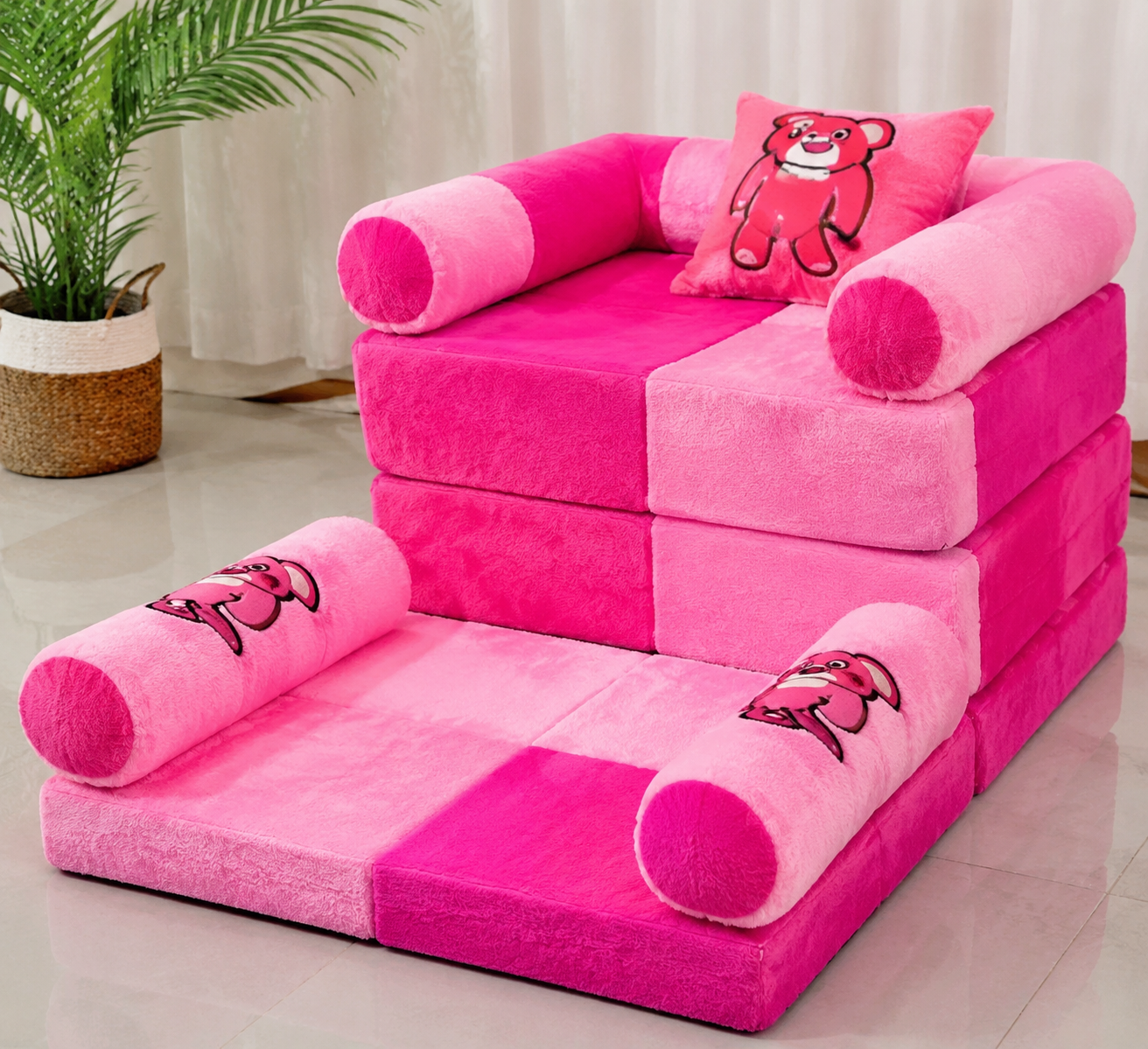 Foldable Sofa Cum Bed for Kids | 5-in-1 Plush Folding Floor Mattress with Pillows | Soft Cartoon Play Couch (Pink)